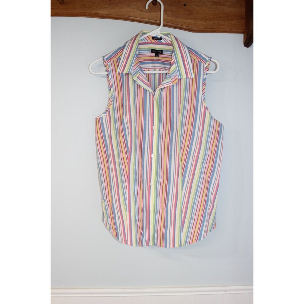 Talbots Womens Sleeveless Button-Up Stripe Shirt Size12 Rainbow WrinkleResistant